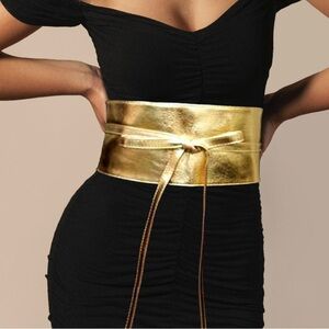 Metallic Gold Leather Adjustable Obi Wrap Statement Belt